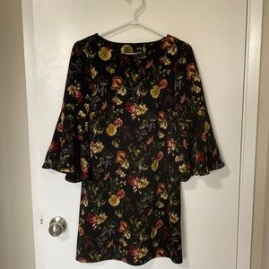 Dark floral a-line dress with bell sleeves